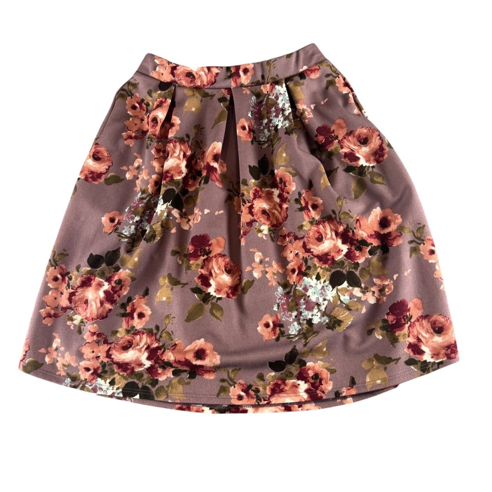 Piphany Floral Pleated Mini Skirt Mauve Rose‎ Print Elastic Waist Womens Small